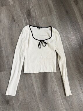 Love Tree Cream Ribbed Long Sleeve Top with Black Trim and Tie